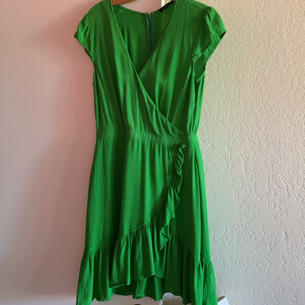 J CREW Womens Green Ruffle V-Neck Cap Sleeve Faux Wrap‎ Mini Flare Dress Size 4
